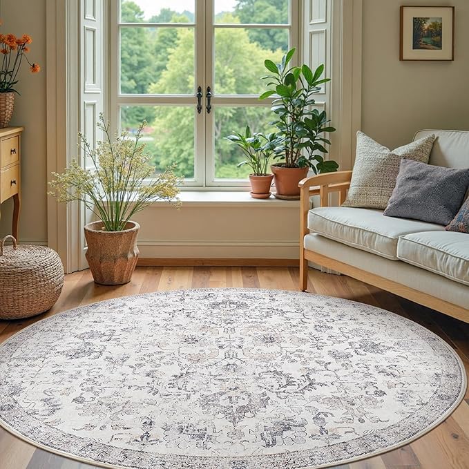 jinchan Kalen Round Rug 7ft Area Rug Washable Vintage Indoor Retro Floor Cover Distressed Gray Floral 7' Round Circle Boho Non Slip Thin Carpet for Living Room Dining Room Bedroom Kitchen Grey