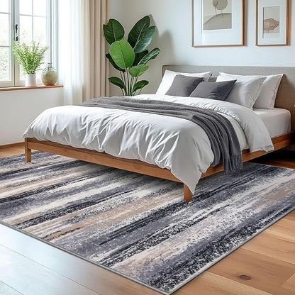 Modern Abstract 5x7 Machine Washable Area Rug Non-Slip Soft Bedroom Living Romm Rug Grey Black Multi Ultra Thin Print Faux Wool Floor Carpet Throw Rugs for Nursery Playroom Dining Room Indoor
