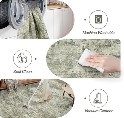 Abstract Rug 8x10 Large Living Room Neutral Modern Washable Area Rugs for Bedroom Dining Room Non-Slip Stain Resistant Foldable Thin Green Black