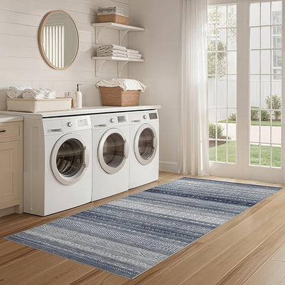 Nakagishi Area Rug Living Room Rugs: 2X6 Machine Washable Boho Large Neutral Farmhouse Stain Resistant Moroccan Indoor Floor Carpet for Bedroom Nursery Dorm Dining Room Home-Denim Blue
