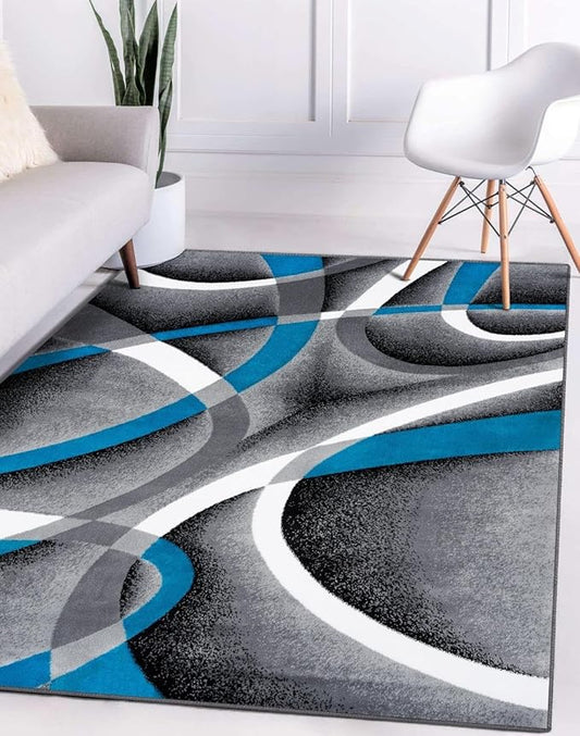 Persian Area Rugs Turquoise 8x10 2305 White Swirls 7'10 x10'6 Modern Abstract Area Rug, 8' x 10'