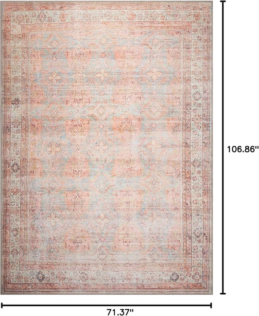 GLN Rugs Traditional Collection - Machine Washable Area Rug, Traditional Washable, Non Slip, Low Pile Chenille Rug, Living Room, Bedroom, Kitchen Rug (6' x 9' Terra/Multicolor 1153)