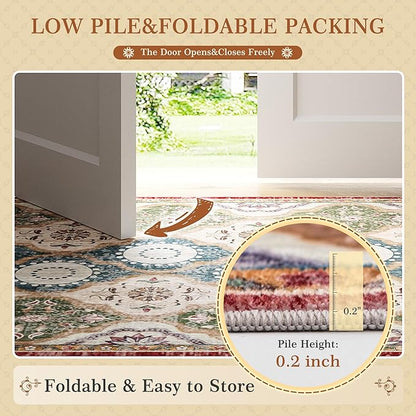 EnHomee Area Rugs 3x5, Soft Washable Rugs for Living Room Bedroom, Boho Non Slip Low Pile Stain Resistant Washable Rug Large Carpet for Dining Room,Easy to Clean Living Room Rug, Red & Green