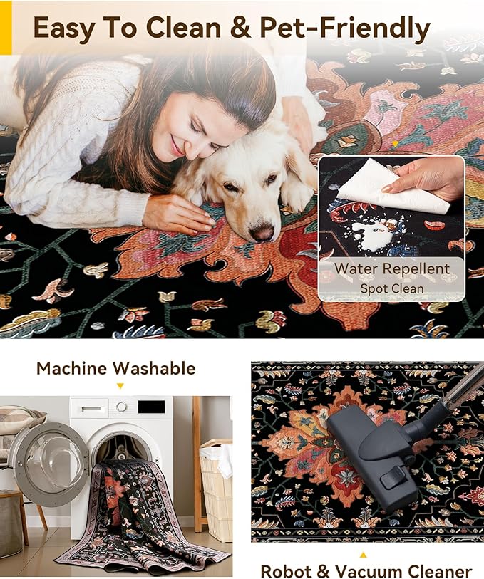 Area Rugs Square 7ft Washable Non-Slip, Floral Vintage Distress Print Pattern Medallion Carpet for Living Room Bedroom Dining Room, Black Colorful Floral Dark Tan