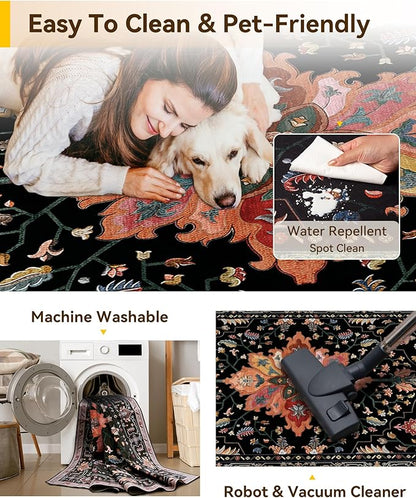 Area Rugs 10'x14' Washable Non-Slip, Floral Vintage Distress Print Pattern Medallion Carpet for Living Room Bedroom Dining Room, Black Colorful Floral Dark Tan