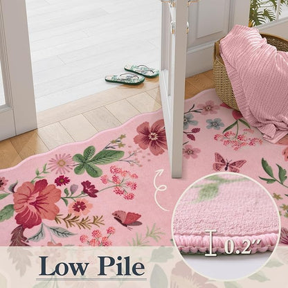 Lahome Floral Washable Rugs, 4X6 Pink Rugs for Bedroom Girls Ultra-Thin Soft Living Room Rug, Non-Slip Stain Resistant Boho Lightweight Low-Pile Throw Carpet for ‎Nursery Office (4x6ft, Pink)