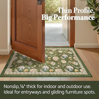 jinchan Elora 3x5 Floral Rug for Entryway Washable Kitchen Rug Vintage Romance Design Small Mat Non Slip Indoor Doormat Lightweight Low-Profile Throw Carpet for Entrance Bathroom Laundry Room, Green