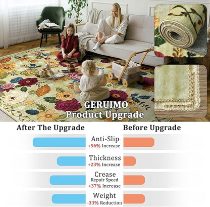 4x6 Machine Washable Area Rug for Living Room, Green Vintage Boho Floral Rug Large Non-Slip Low Pile Soft Faux Wool Carpet, Kids and Pets Friendly for Bedroom Dining Room Farmhouse Home Decor Rug