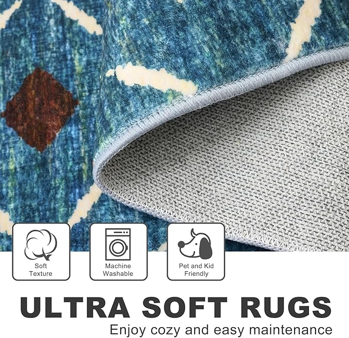 KILOCOCO Kitchen Runner Rug Washable Runner Rug Soft Hallway Runners Non Slip Printed Distressed Laundry Room Rugs, Low-Pile Runners for Entryway/Bedroom/Kitchen/Living Room, 2x5 Teal/Blue