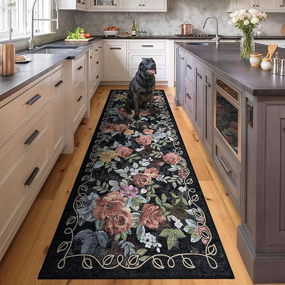 2'6''x8' Machine Washable Runner Rug, Kitchen Hallway Area Rug Black Vintage Boho Floral Ultra Non-Slip Low Pile Soft Faux Wool Carpet, Kids and Pets Friendly for Bedroom Entryway Nursery Decor Rug