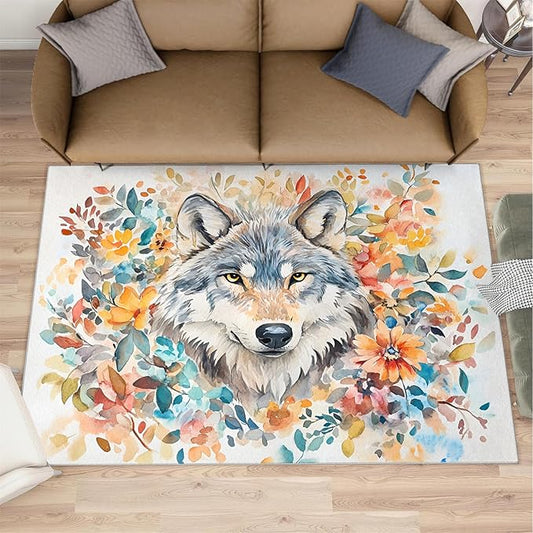 3x4 Wolf Rugs for Entryway - Watercolor Florals Kids Bedroom Rug, Animals Mudroom Rug Soft for Coffee Shop Living Room Under Table Game Room