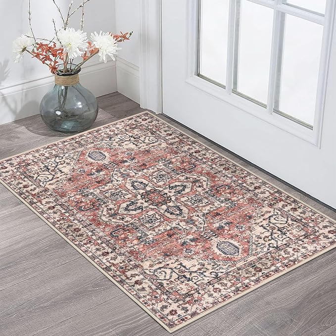 KOZYFLY Small Area Rug 2x3 Ft Rugs for Entryway Washable Boho Entry Rug Non Slip Door Mat Indoor Entrance Faux Wool Vintage Printed Kitchen Rug Throw Rugs for Entrance Kitchen, Terracotta/Beige