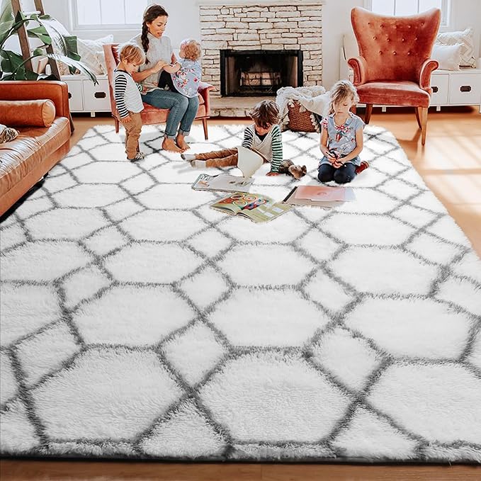 ONASAR Area Rugs for Living Room, Washable 5x8 Fluffy White and Grey Rug for Bedroom, Geometric Moroccan Indoor Shaggy Boho Soft Plush Floor Carpet for Kids Teen Nursery Dorm Home Decor Aesthetic