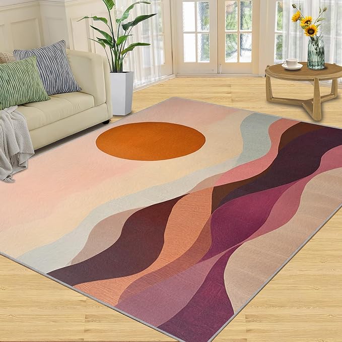 Boho Sun Area Rugs 6x9ft, Minimalist Line Fluffie Rugs for Living Room, Geometric Solar Nursery Rug with Under Rug Non Slip Tape for Bedroom Kids Room