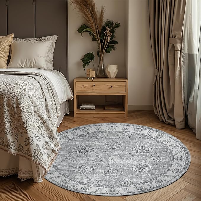 jinchan Fiora Round Rug 5ft Area Rug - Indoor Vintage Hallway Circle 5' Washable - Ultra-Thin Low Pile Soft Small Non Slip Distressed Floral Print for Living Room Dining Room Bedroom Entryway Grey