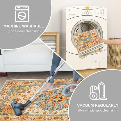 COMSLE Boho Area Rug, 2 x 3 Ft Washable Small Rugs for Entryway Faux Wool Distressed Non-Slip Floor Carpet Indoor Door Mat for Bedroom Kitchen Living Room