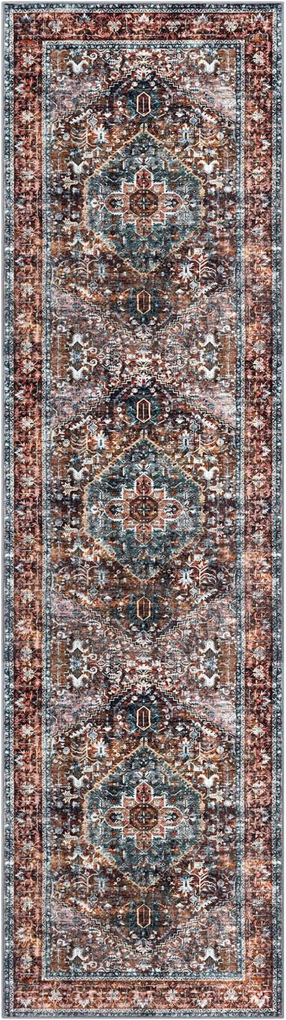 KOZYFLY Runners for Hallways 2x8 Ft Washable Kitchen Runner Rug Boho Runner Rug for Entryway Indoor Printed Oriental Faux Wool Floor Carpet Runner for Bedroom Kitchen Hall, Brick Red/Orange/Green