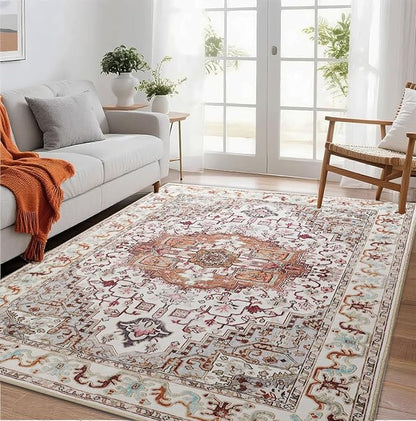 Large Area Rugs 8x10, Washable Vintage Rugs -Low Pile, Soft Plush Rugs for Bedroom, Kitchen, Dining Room, Stain Resistance, Non Shedding & Kid & Pet Friendly, Beige