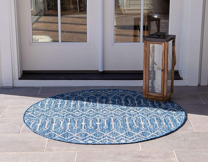 Unique Loom Outdoor Trellis Collection Area Rug - Tribal Trellis (4' 1" Round, Blue/ Ivory)