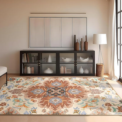 Phantoscope Washable Area Rug 4'x6' Non-Slip, Vintage Boho Rugs for Living Room, Bedroom, Dining Room, Fall Orange Floral Medallion Pattern, Low-Pile Foldable Floor Carpet, Rust/Multi Floral