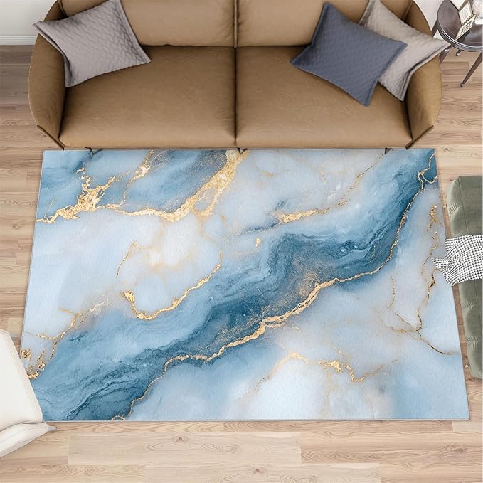 4x6 Abstract Marble Cafe Rug - Blue-White-Marble Rugs for Bedroom Aesthetic, Luxury Stone Pattern Soft Comfortable Non-Slip for Offie Bedroom Study Boy Girl Room Hotel Dorm