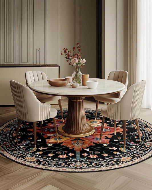 Area Rugs 7ft Washable Non-Slip, Floral Vintage Distress Print Pattern Medallion Carpet for Living Room Bedroom Dining Room, Black Colorful Floral Dark Tan