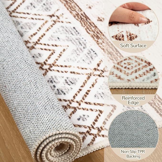 BESTSWEETIE 2x10 Area Rugs for Living Room Washable Moroccan Farmhouse Neutral Geometric Low Pile Non-Slip Soft Print Pattern Rug for Bedroom Kitchen Dining Room Entryway Cream/Brown/Pink