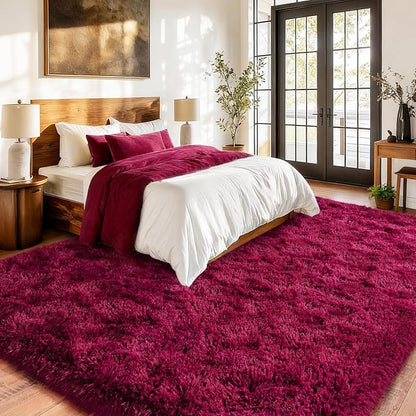Burgundy Plush Rug for Living Room Fuzzy Carpet for Bedroom Dorm, Non-Slip High Pile Rug, Shag Rug for Playroom Nursery Home Office Decor 9X12 Ft