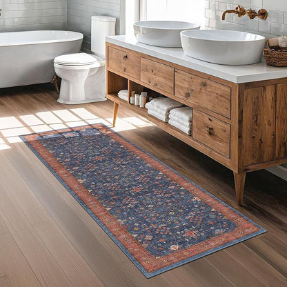 Navy Blue Runner Rug 2x5 for Kitchen, Hallway, Mudroom, Laundry Room, Bathroom, Washable Non Slip Non Skid Rubber Backing Low Pile Stain Resistance