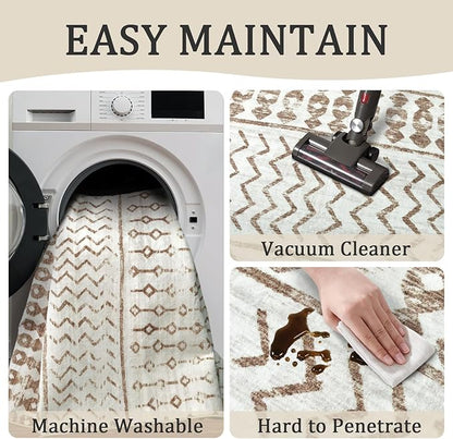 5x7 Machine Washable Area Rug for Living Room, Brown White Vintage Moroccan Rug Large Non-Slip Low Pile Soft Faux Wool Carpet, Kids and Pets Friendly for Bedroom Dining Room Farmhouse Home Decor Rug