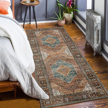 Bavni Runner Rug 2x6 Kitchen Rugs for Hallways Entryway, Washable Print Carpet, Low Pile Lightweight Rug with Non Slip Backing, Vintage Brown/Blue