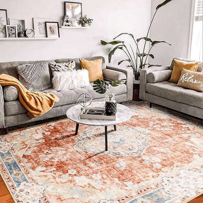 MUJOO 8'x10' Area Rugs for Living Room Large Washable Rug Boho Carpet 8'x10' for Bedroom Non Slip Abstract Soft Low-Pile Orange Navy Blue Floral