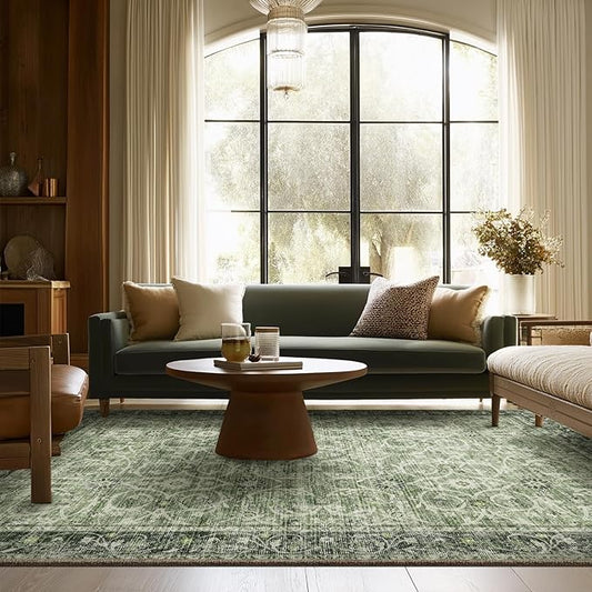 6x9 Washable Rug Vintage Fade Resistant Boho Distressed Non-Slip Indoor Large Carpet Low Pile Lightweight & High-Traffic Safe for Bedroom, Dorm, Playroom - Farmhouse Decor