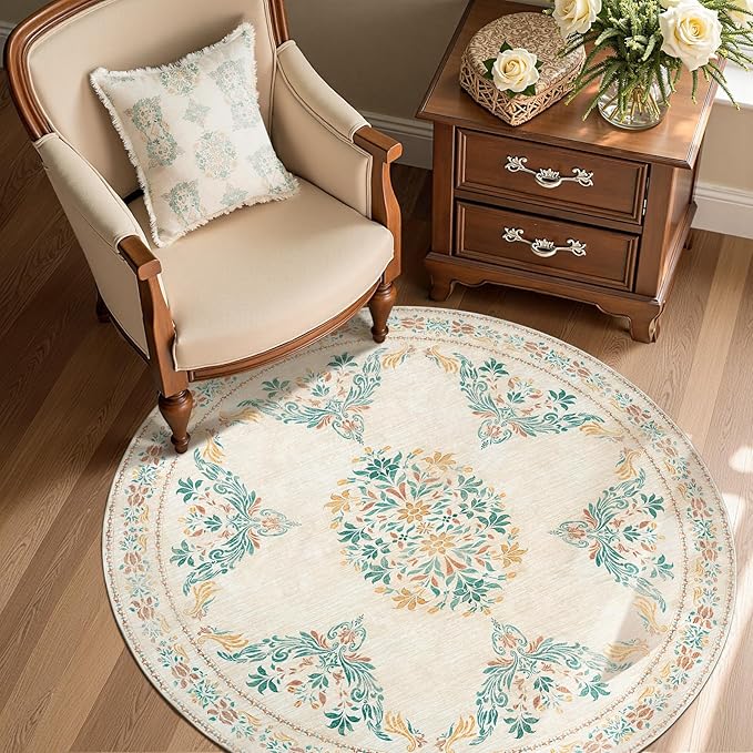 jinchan Round Rug 4ft Area Rug Vintage Floral Distressed Design Machine Washable Soft Non-Slip Low-Pile Ultra-Thin Circle Rug for Entryway Bedside Living Room Kitchen Nursery (4' Round, Apricot Multi)