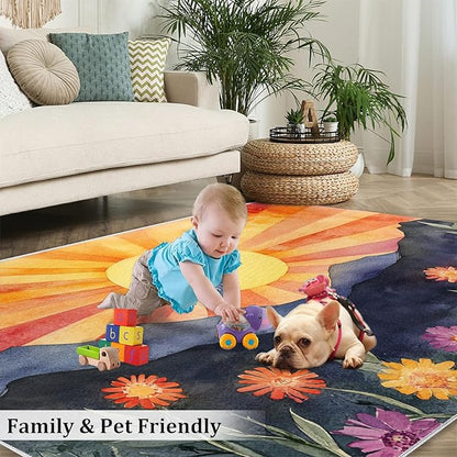 Boho Sun Area Rugs 5x7ft, Radiant Sunburst Rugs for Living Room, Geometric Solar Floor Rug Sturdy and Non-Shedding for Bedroom Hardwood Floors Teen Room