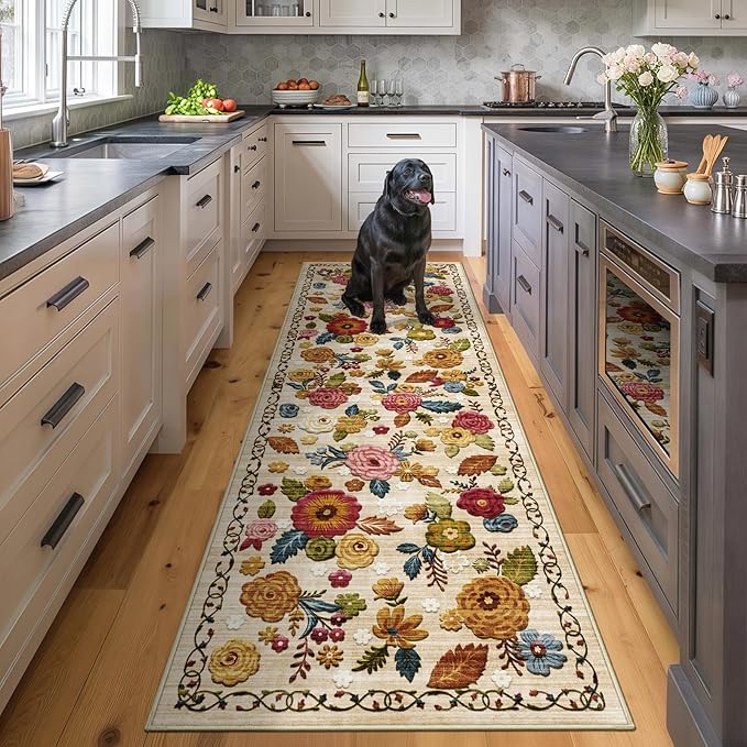 2x6 Machine Washable Runner Rug, Kitchen Hallway Area Rug Beige Vintage Boho Floral Ultra Non-Slip Low Pile Soft Faux Wool Carpet, Kids and Pets Friendly for Bedroom Entryway Nursery Home Decor Rug
