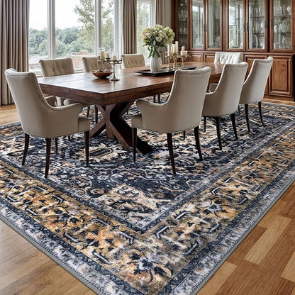 KOZYFLY Boho Area Rug 9x12 Ft Thin Rugs for Living Room Washable Bedroom Rug Non Slip Rugs for Living Room Gold Navy Printed Faux Wool Vintage Bedroom Rug Floor Carpet for Dining Room