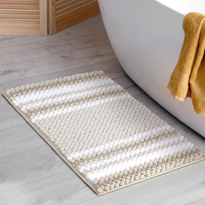 PiccoCasa Chenille Bathroom Rug, Soft Fluffy Absorbent Bath Mat, Medium Pile Striped Carpet Washable Non Slip Bathroom Floor Mats(17"x24",Khaki & White)