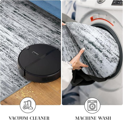 Modern Abstract Runner Rug 2x10, Black Grey White Washable Long Kitchen Runner Non-Slip Soft Hallway Rug Runner Thin Print Faux Wool Carpet for Entryway Bedroom Laundry Room Indoor Home Decor