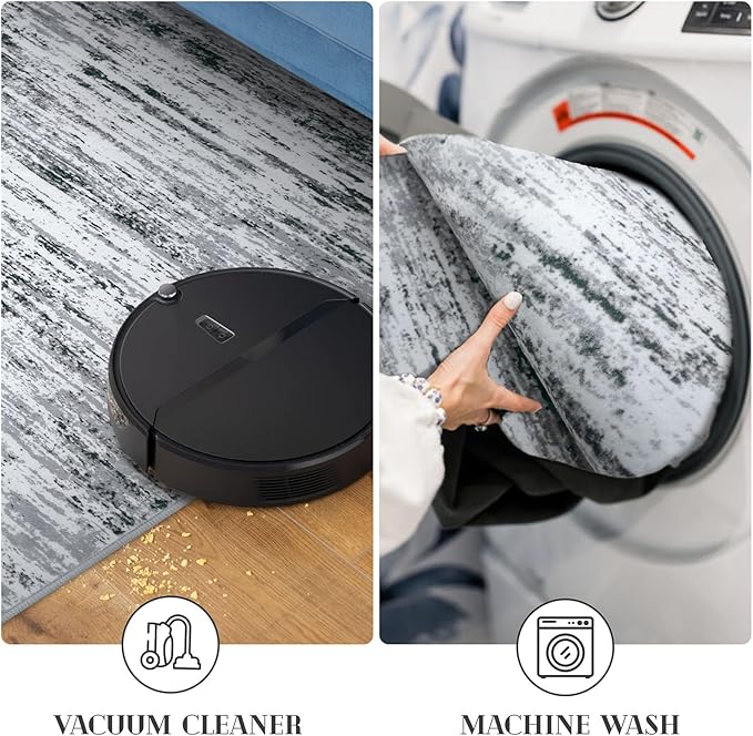 Modern Abstract Runner Rug 2.6x18, Black Grey White Washable Long Kitchen Runner Non-Slip Soft Hallway Rug Runner Thin Print Faux Wool Carpet for Entryway Bedroom Laundry Room Indoor Home Decor