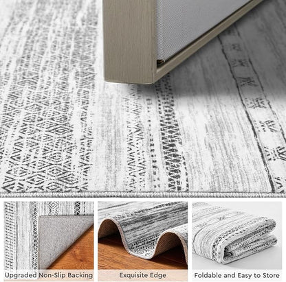 Small Area Rug-2x3 Entryway Rug Non Slip Washable Low Pile Indoor Door Mat Neutral Distressed Boho Moroccan Entrance Rugs Carpet for Bedroom Kitchen Powder Room Front Porch Bathroom, Black