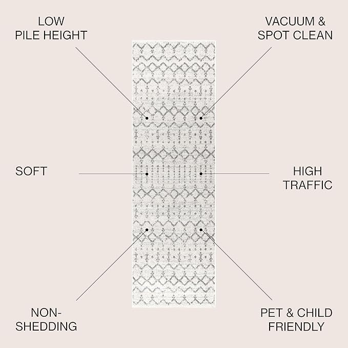 JONATHAN Y Boho Vintage Diamond Cream/Gray Runner Rug 2X10 ft, Moroccan Hype for Living Room, Bedroom, Kitchen, Office, Easy-Cleaning, High Traffic, Pet-Friendly, Non-Shedding (MOH101B-210)
