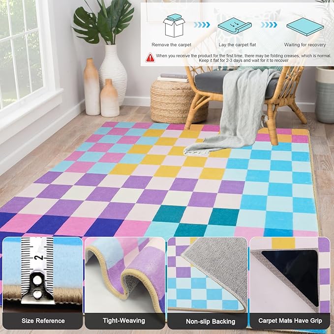 Multicolored Checkered Rug 5x7,5x7 Area Rugs for Living Room Bedroom,Indoor Non-Slip Large Colorful Checkered Rug for Kitchen Entryway Bathroom Office