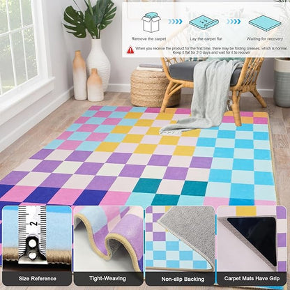 Multicolored Checkered Rug 5x7,5x7 Area Rugs for Living Room Bedroom,Indoor Non-Slip Large Colorful Checkered Rug for Kitchen Entryway Bathroom Office