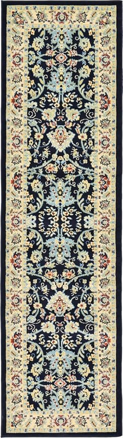 Rugs.com Yasmin Collection Rug – 10 Ft Runner Navy Blue Medium Rug Perfect for Hallways, Entryways