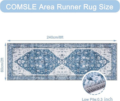 COMSLE Boho Runner Rug, 2' x 8' Washable Area Rugs for Hallway Faux Wool Small Kitchen Distressed Throw Rug Non-Slip Laundry Room Carpet Runner for Entryway Indoor Door Mat Bedroom