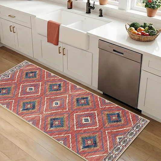 Area Rug 2x5 Rug Machine Washable Non-Slip Low Pile Print Pattern Western Rug for Living Room Bedroom Entryway Tribal Series-Red/Orange