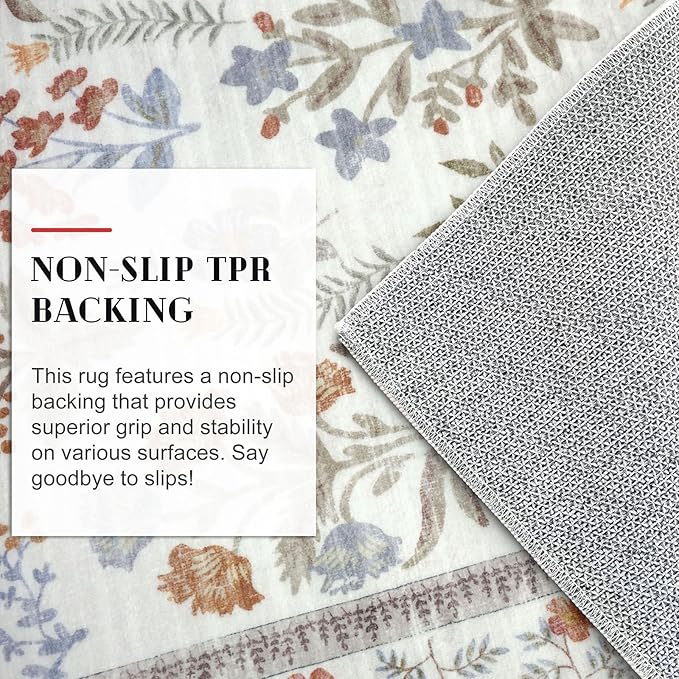 Boho Floral Machine Washable Runner Rug 2x6, Ivory Kitchen Runner Rug Non-Slip, Super Thin Hallway Rug Runner Printed Faux Wool Soft Carpet for Entryway Bedroom Laundry Room Indoor