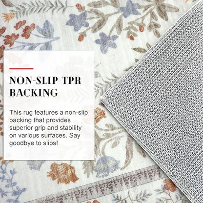 Boho Floral Machine Washable Runner Rug 2x6, Ivory Kitchen Runner Rug Non-Slip, Super Thin Hallway Rug Runner Printed Faux Wool Soft Carpet for Entryway Bedroom Laundry Room Indoor