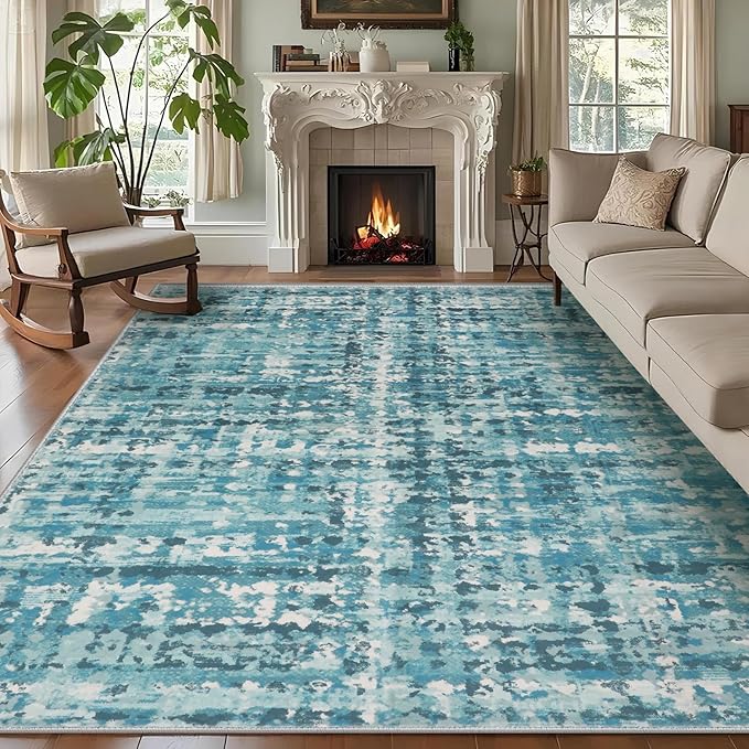 6x9 Abstract Area Rugs for Living Room, Modern Teal Blue Washable Indoor Rug for Bedroom, Thin Soft Large Non-Slip Carpet for Dining Room Home Office Farmhouse Decor
